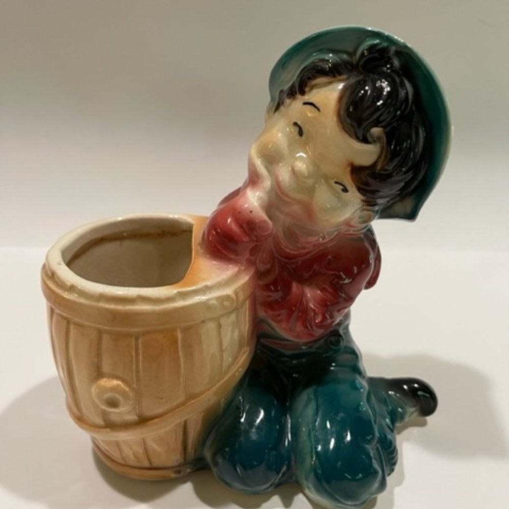 Royal Copley Ceramic MCM Boy with barrel mini planter Vintage **READ**